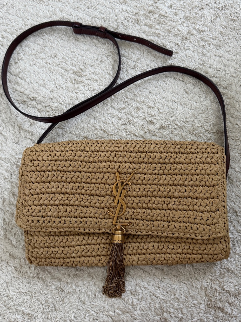 Saint Laurent Tan Raffia Crossbody with Gold YSL Tassel